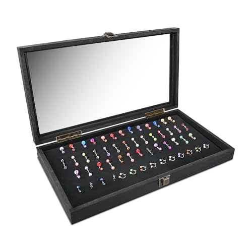 MOOCA Temper Glass Top Jewelry Display Case with Tempered Glass Lid and 54 Clip Body Jewelry Showcase Display Pad for Belly Button Rings, Tongue Rings, and Industrial Barbell Organizer, Black Color - color: Black Pad with Black Wood Case