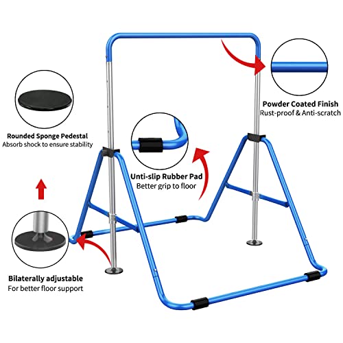 Tepemccu Gymnastics Bars, Adjustable Gymnastic Horizontal Bars for Kids | 5-Height Adjustable 34.8"-50.8", Foldable for Home Training, Include Children Gymnastics Rings and Bar Pad, Indoor Outdoor - color: Blue