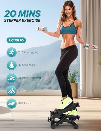 Mini Stepper for Exercise at Home, 330LBS Portable Stair Climber Machine | Includes resistance bands, adjustable height stair stepper with LED monitor for full body workout