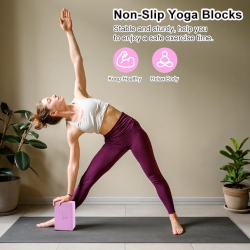 RETON Yoga Blocks Set, High - Density Yoga Block with 2 Strap, Lightweight Foam Brick Yoga Pilates Blocks, Anti-Slip Yoga Brick with Embossed Design for Posture Adjustment and Movement Assistance - color: Pink