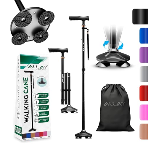 Allay Walking Canes for Men & Women - Adjustable Canes for Women for Stability, Self Standing Wide Quad Pivot Base, Light Weight, Soft Handle Grip and Travel Bag, Walking Sticks for Seniors - color: Black