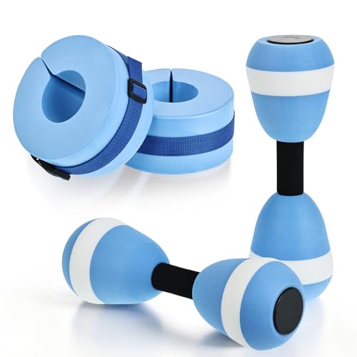 4 Pcs Water Aerobics Set for Aquatic Exercise, 2 Foam Water Dumbbells & 2 Aquatic Cuffs, Pool Resistance Weights Fitness Equipment, Ankle Arm Swim Weights for Water Workouts & Training