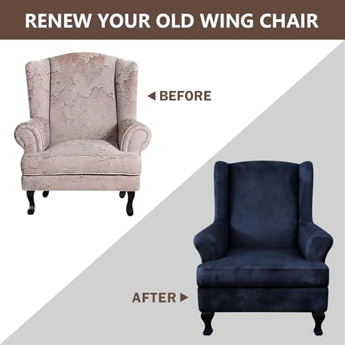 ANARACHON Leather Look Wingback Chair Covers, 2-Piece Wing Chair slipcover,Stretch Wing Back Armchair Slipcovers with Elastic Bottom, Soft Spandex Furniture Protector for Living Room (Navy) - color: Navy