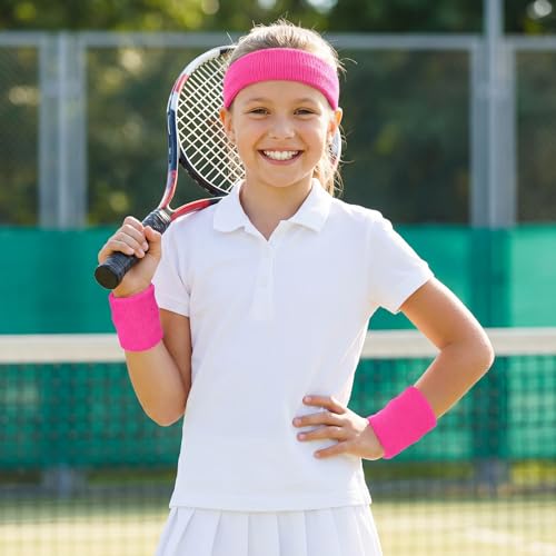 Sucrain 3 Pieces Sweatbands Set, 1 Pieces Sports Headband and 2 Pieces Wristbands,Wicking Sweat Head Band for Youth Womens Men - color: Pink
