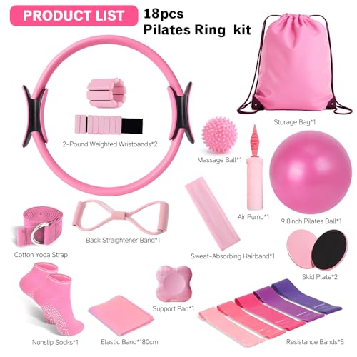 Pilates Equipment Set for Home Workouts –15in1 Home Pilates Kit with Ring and Ball Set, Resistance Bands, Pilates Yoga,Core Sliders & Ankle Weights, Pilates Essentials Kit - color: pink