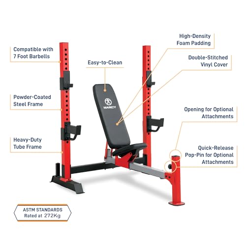 Marcy Deluxe Olympic Weight Bench with Adjustable Back & Bar Catch & Optional Arm Curl, Leg Developer, Lat Tower Attachments (Sold Separately), Personal Home Gym for Strength Training, Weightlifting - color: Olympic Bench MWB-7096