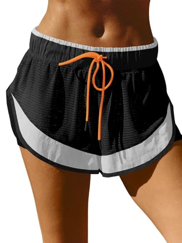 Fisoew Women Athletic Shorts 2 in 1 Running High Split Color Block Workout Yoga Mesh Shorts Pocket Drawstring - color: Black, size: Medium