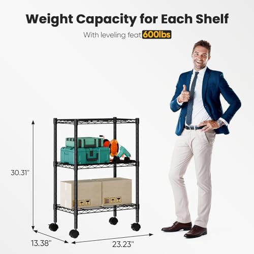 DUMOS 3-Tier Metal Wire Storage Shelves, Adjustable Standing Storage Rack Shelf with Wheels, Heavy Duty Steel Shelving Unit Organizers for Kitchen Bathroom Pantry Garage, 23.1" Wx13.4 Dx30.2 H, Black - size: 3 Tiers with wheels-30.31"H