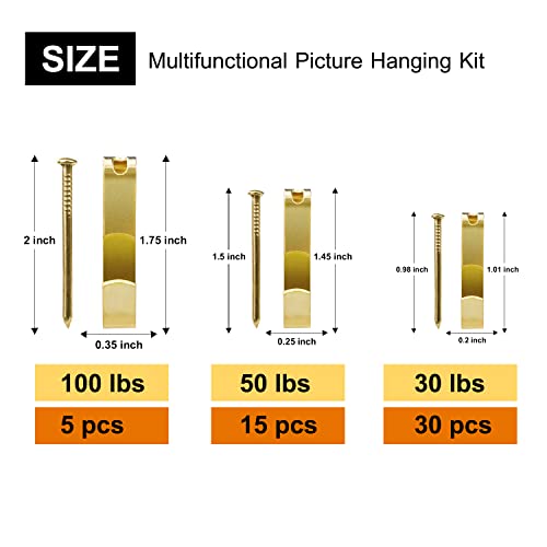 50pcs Picture Hangers with Different Sizes, Heavy Duty 30-100lbs Picture Hanging Hooks with Nails, Wall Hangers,Picture Hooks,Professional Plaster Picture Hanging Kit for Wooden Wall or Drywall - size: Gold 30-100lbs