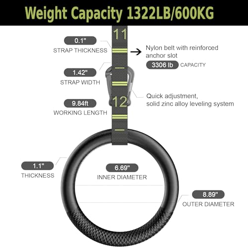 QUOLIX Gymnastic Rings with Adjustable Straps, Non-Slip Pull Up Rings with Straps, 1300lbs Exercise Rings with Straps for Home, Gymnastics Rings for Home Gym, Workout, Exercise, Training, Calisthenic - color: Black