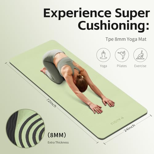 PAIDU Yoga Mat 8mm TPE Non‑Slip Fitness Mat with Strap for Home Workouts | SGS Certified, Odorless, Tear‑Resistant, Unisex, for Yoga, Pilates, Meditation, Home & Gym Workouts - color: Green&Black