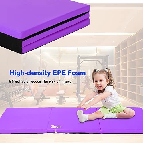 Gymnastics Tumbling Mat, 3 Folding Exercise Mat with Handle, All-Purpose Home Gym Mat for Tumbling, 6'x2'x2' - color: Purple
