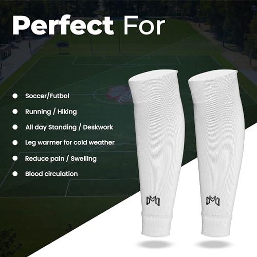 MediCaptain Pre Cut Soccer Sock Sleeves, Companion for Soccer Grip Socks, Securely Holds Shin Guards, Compression Leg Warmer - color: White