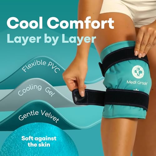Medi Grade Knee Ice Pack Wrap, Reusable Ice Pack for Knee Pain and Surgery | Flexible cold compress for knee, dual fabric knee ice wrap retains cold longer, eases pain and supports surgery recovery