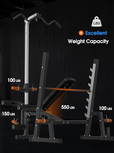 JX FITNESS Olympic Weight Bench with LAT Pulldown Pulley System and Preacher Curl Pad, Workout Bench Press Multi-Function Weight Lifting Gym/Home Gym