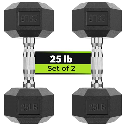 HANDBODE Hex Dumbbell Set of 2, Rubber Encased Fixed Dumbbells, 2.5-65 lb | Non-Slip Comfortable Handles, Hand Weights for Strength Training, Ideal for Home Gym Workouts - size: 25 lb, Pair, style: Chrome Handle