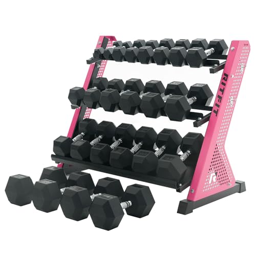 RitFit Rubber Hex Dumbbell Set with 3-Tier Dumbbell Rack,350-780LB Hand Weight Set with Anti-Slip Grip,1000LB Capacity Heavy Duty Steel Weight Storage Rack for Home Gym - color: Pink