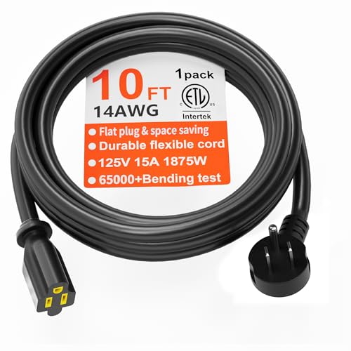 HUANCHAIN 14 Gauge 10 FT Flat Plug Extension Cord Black Indoor Outdoor, Heavy Duty 3 Prong Grounded Low Profile Extension Wire Flexible, 15A 1875W 125V 14AWG SJTW, ETL Listed - color: Black, size: 10 FT