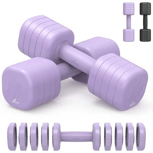 Adjustable Dumbbell Set of 2: Sportneer 4 in 1 Free Weights Dumbbells Set for Women, Hand Weights for Women at Home, Available in 5 lb × 2 and 10 lb × 2 Sets with Soft Rubber Handle for Home Gym Exercise Training - color: Aura Lavender, size: 10lb × 2