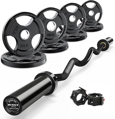 RitFit 2 Inch EZ Curl Bar with Weights, 350LBS Weight Capacity Olympic Curl Barbell for Bicep, Tricep and Weight Lifting Exercises - style: Black (with 85LB Weights and Collar)