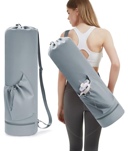 sportsnew Yoga Mat Bag with Water Bottle Pocket & Wet Pocket for Women | Yoga mat carrier fits 1/8"-3/8" yoga mats, quick-access multi-pocket organization, lightweight for gym, Pilates & studio - color: Dusty Blue, size: Large