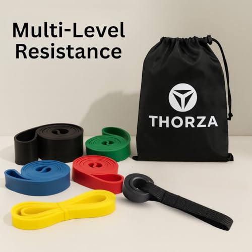 THORZA Resistance Bands Set – 5 Stackable Levels Up to 150 lbs, Workout Bands with Handles, Door Anchor & Carry Bag, Latex-Free TPE Exercise Bands – Full Body Home Gym (7-Piece Set)