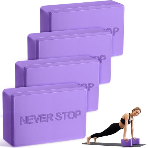 RoundFunny 4 Pack Yoga Blocks Non Slip Pilates Brick Foam Blocks Pilates Dance Gymnastics Workout Fitness Props Tool for Stretching Meditation and Exercise - color: Purple