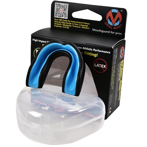 Oral Mart Youth Sports Mouth Guard for Kids (USA Flag, Fangs, 20+ Colors to Choose from) Mouthguard for Football, MMA, Karate, Boxing, Rugby, BJJ, Flag Football – /w Case (Youth, Strapless) - color: Black / Sky Blue