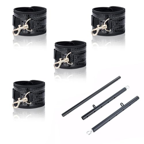 Spreader Bar Heavy Duty Stainless Steel Expandable Silver Bar Home Gym with 4pcs Furry Purple Adjustable Straps,Sports Aid Training Fitness Gear Pilates Aid Kit - style: Black+PU Crocodile Black