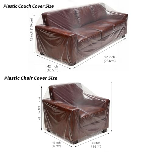 2 Pack Plastic Couch Cover Chair Cover with Elastic Band, Clear Furniture Cover Sofa Cover Recliner Cover Protector for Moving and Storage, Waterproof Moving Bags for Couch Slipcover - size: 1pc Sofa & 1pc Chair