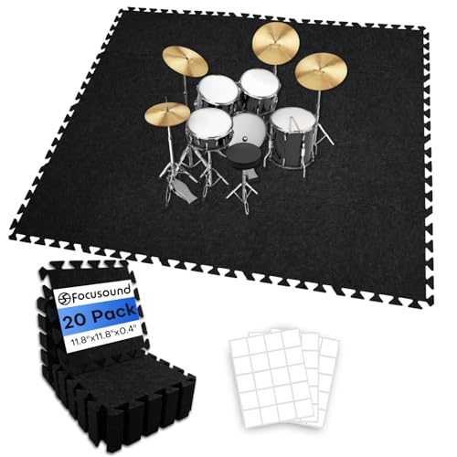 Focusound 20Pcs Sound Absorbing Interlocking Drum Rug, 11.8 x 11.8 x 0.4 inches High Density Soundproof Floor Mats, Non-Slip Anti Vibration Piano Carpet Drum Mat for Music Studio, Black - color: Black
