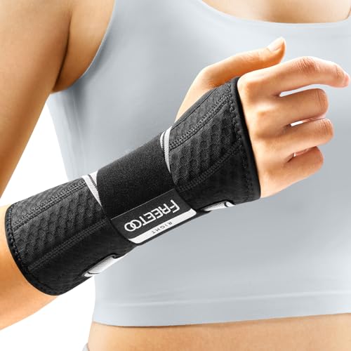 FREETOO Carpal Tunnel Wrist Brace Night Support Fit Right Hand for Work, Pain Relief Wrist Splint for Tendonitis, Arthritis, Sprain, Fit Women and Men, Wrist Immobilizer for Sleeping (S/M, Black/Grey) - size: S/M, style: Right-Gray/Black