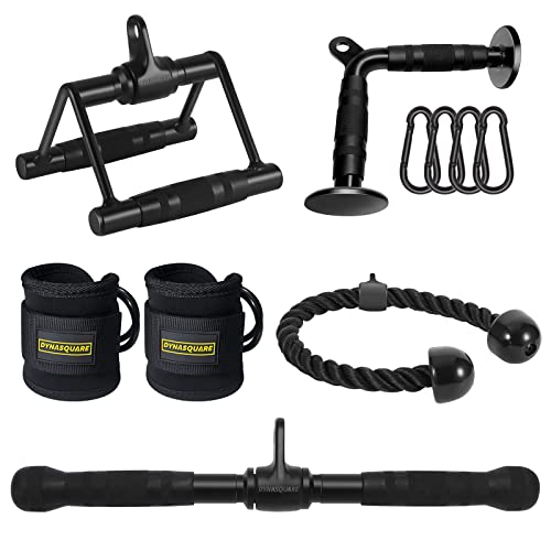 Cable Attachments for Home Gym, Made of Heavy Duty Solid Steel, LAT Pulldown Attachment, Weight Machine Accessories, Straight Pull Down Bar, Tricep Rope, Exercise & Double D Handle - style: Set of 4 with Ankle Straps