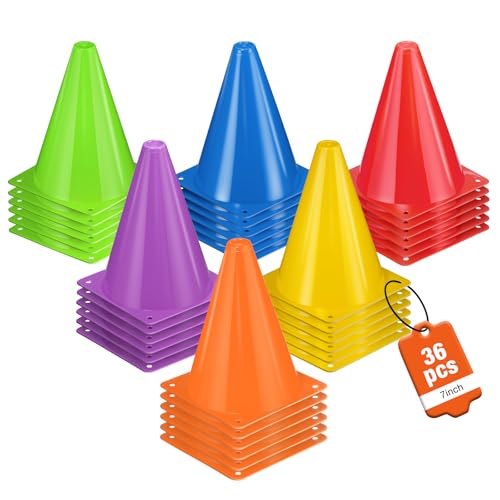 36pcs Cones 7 Inch Soccer Cones and Plastic Traffic Cones, Durable Cones for Sports Training, Ideal for Soccer, Basketball, Football, Skating, and Agility Drills Practice - color: colors