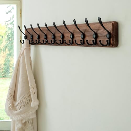 Dseap Coat Rack Wall - Heavy-Duty 38-1/4" Long, with Reinforced 10 Custom Tri-Hooks, Solid Wood Wall Hanger for Coats Hat Jackets - Rustic Farmhouse Entryway Hallway Storage, Natural & Black - color: Natural & Black, size: L=38.3"
