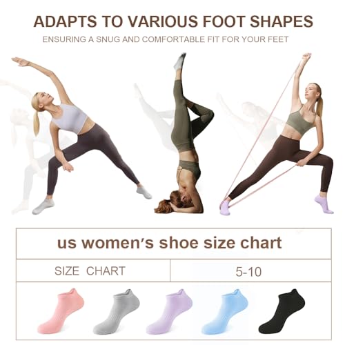 5 Pairs Pilates Socks with Grips for Women Non Slip Grip Yoga Crew Socks for Barre Hospital Barefoot - color: A - Black Gray Pink Purple Blue