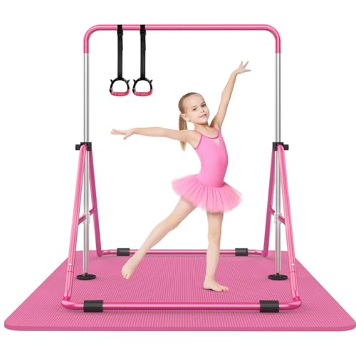 SHIWEI Gymnastics Bar for Kids, Gymnastic Kip Bar 5-Height Adjustable Home | Foldable, Indoor Outdoor Use, 140lb Capacity, for Ages 3-8, with Gymnastics Rings, Anti-Slip & Space-Saving Design - color: Pink with mat