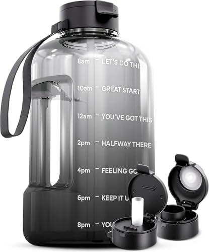 AQUAFIT 1 Gallon Water Bottle with Motivational Quotes | BPA Free 1 Gallon Water Bottle with Straw and Chug Lids - Leakproof Gym Water Bottle with Carry Handle (Midnight Gray) - color: Midnight Gray, size: 128 Ounces