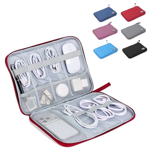 Large Slim Cable Organizer Travel Case, Single-Layer Electronic Accessories Pouch for Chargers, Cords, Power Bank, Mouse and SD Cards, 12.6 x 9.45 x 1.57 Inches - color: red, size: L