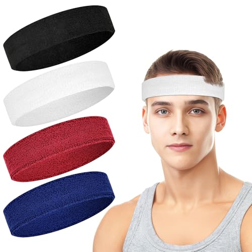 4 Pack Cotton Terry Sweat Headbands for Men Women Running Gym | 4 pack soft cotton terry headbands, Stretch 7 to 15 inches, Sweat-wicking, stays put for running, tennis, basketball & yoga - color: Black/Red/White/Blue