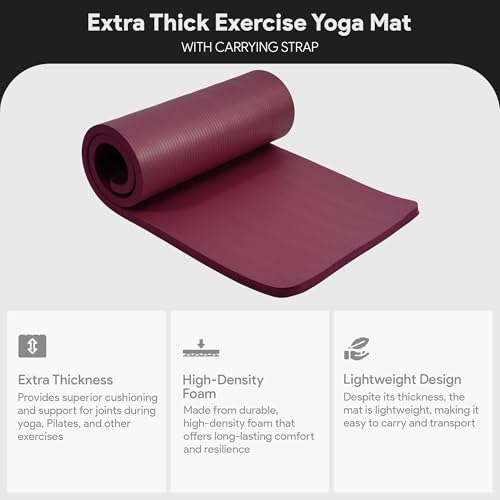 BalanceFrom Yoga Mat, 1-Inch Extra Thick High Density Exercise Mat, Anti-Tear Exercise Yoga Mat with Carrying Strap, Suitable for Various Yoga Exercises, Multiple Colors - color: Deep Wine