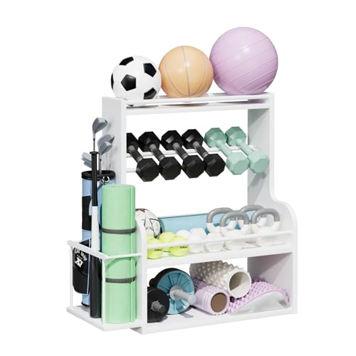 APRTAT Bamboo Dumbbell Rack, Adjustable Weight Rack for Home Gym, All-in-One Workout Equipment Storage for Dumbbells, Kettlebells, Yoga Mats & Balls - color: White