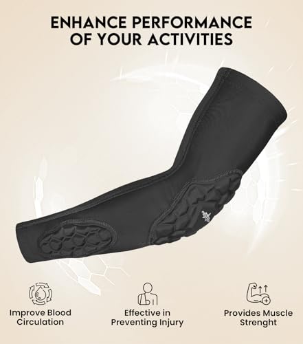 Compression Padded Arm Sleeves for Youth & Adults - Elbow & Forearm Support - Breathable Football Padded Sleeves - color: Black, size: Youth Small/Medium