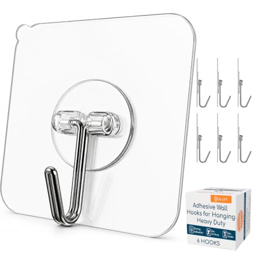 GLUIT Adhesive Wall Hooks for Hanging Heavy Duty 22 lbs Hooks for Walls No Drill, Towel Sticky Clear Hook, Waterproof, Home, Bathroom, Kitchen, Office, and Outdoor 6 Pack - size: Medium, 6 pcs