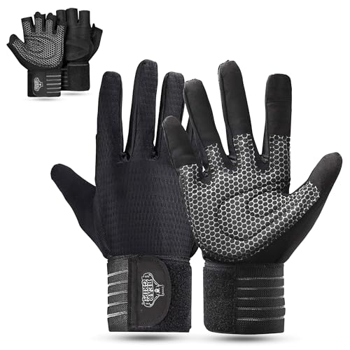 Bear Grips Weight Lifting Gloves for Men & Women | Half Finger Lifting Gloves | Full Finger Workout Gloves for Men | No Finger Exercise Gloves l Compression Weightlifting Gloves | Gym Gloves for Men - color: Armor Black-Full Finger, size: Large