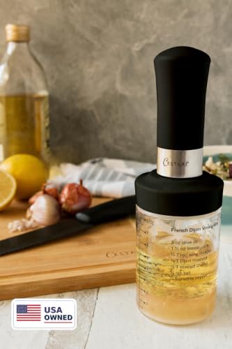 Cestari Glass Salad Dressing Bottle: Premium Borosilicate Salad Dressing Shaker with Mixer Insert | Leak Proof Salad Dressing Blender and Dispenser with Measurements and Recipes • Reusable Vinaigrette Cruet - color: Black