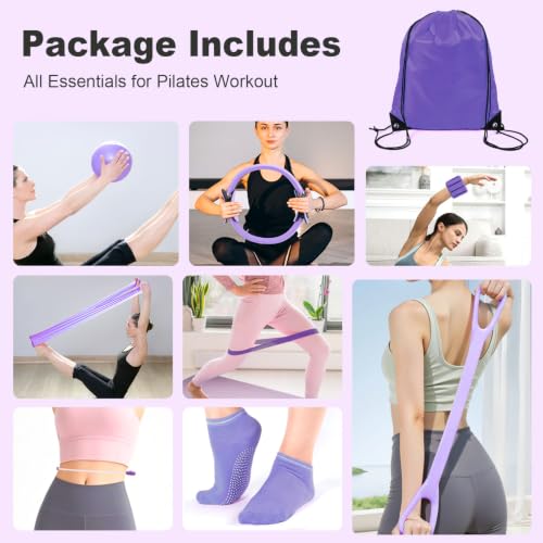 Pilates Kit-14PCS Pilates Equipment Set | home pilates kit includes pilates ring and ball, resistance bands, ankle weights and socks, for strength and flexibility - color: purple