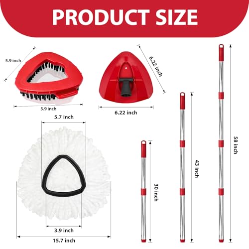 Spin Mop Replacement Set for O-Ceda EasyWring 1-Tank System, Includes 2 Mop Head Replacement, 1 Spin Base, 1 Scrubber Head, 1 Mop Handle (30-58in Adjustable 4-Section Pole) - size: 2 Heads+1 Handle+1 Base+1 Brush(1-TANK)