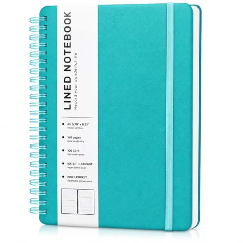 Lined Spiral Journal Notebook with 160 Pages, 8×5.7in, A5 Spiral Notebook, Journaling Notebooks for Work, School, Women, Men, College Ruled Spiral Notebook, Hardcover Leather Journals, Turquoise - color: Lake Blue, size: A5