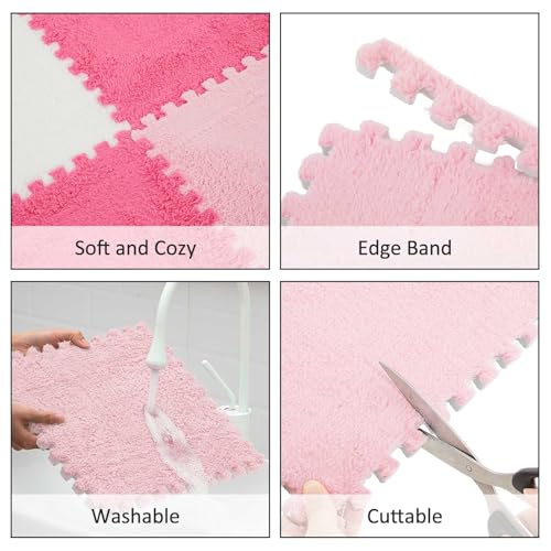 Amylove 72 Pieces Plush Foam Floor Mat Square Interlocking Carpet Tiles with Border 12 x 12 x 0.4 in Fluffy Play Mat Floor Tiles Soft Climbing Area Rugs for Home Playroom(White, Pink, Rose Red) - color: White, Pink, Rose Red